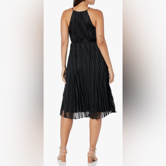 Theory Pleated A-line Midi Dress Black Mesh Lace w Skinny Straps & Front Keyhole - Picture 10 of 14